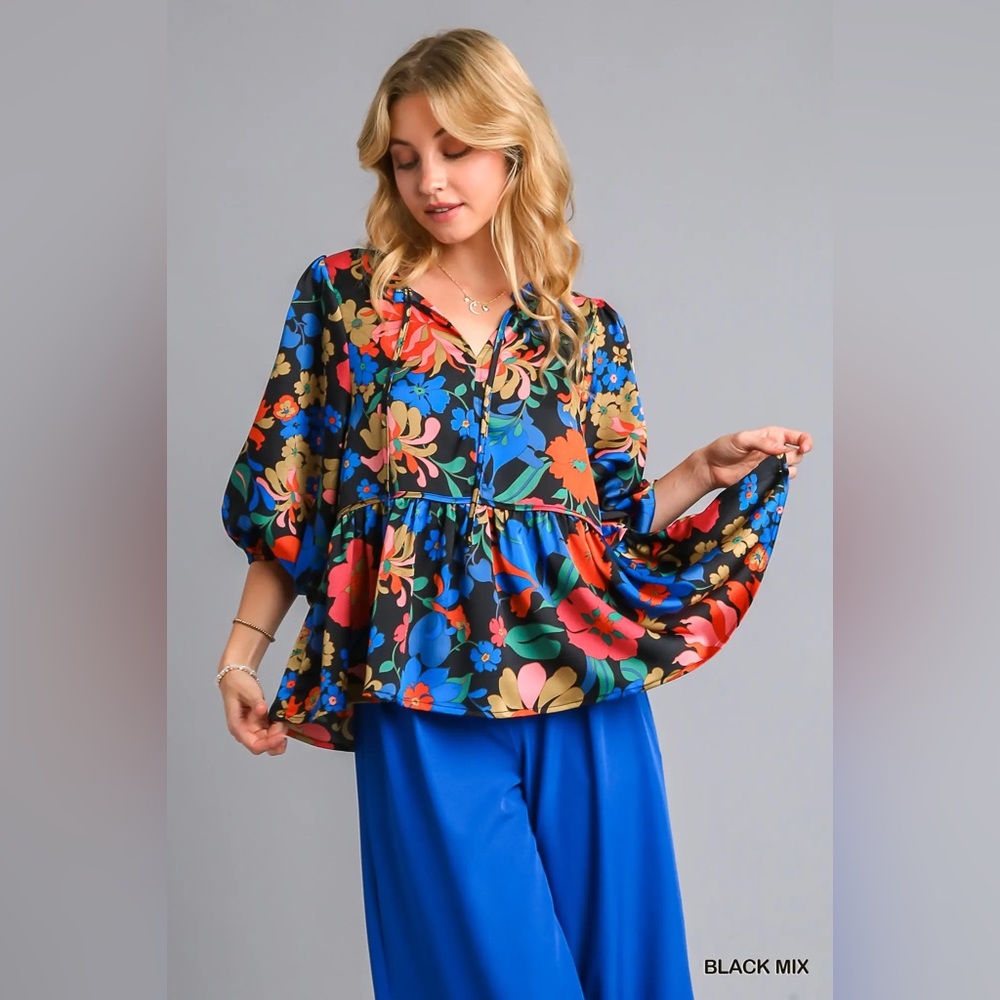 029 Umgee Satin Floral Baby Doll Top